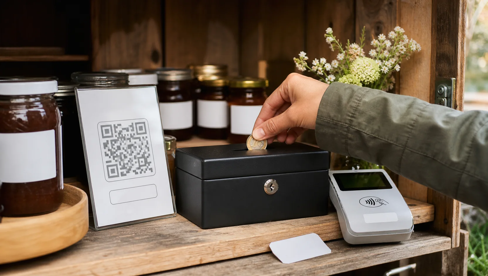 Bargeldkasse, QR-Zahlung und Kartenterminal im Selbstbedienungsschrank