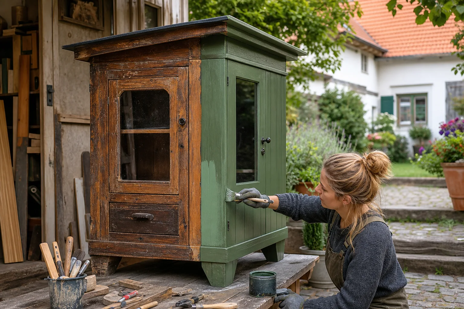 Alter Holzschrank wird zu einem wetterfesten Selbstbedienungsschrank umgebaut