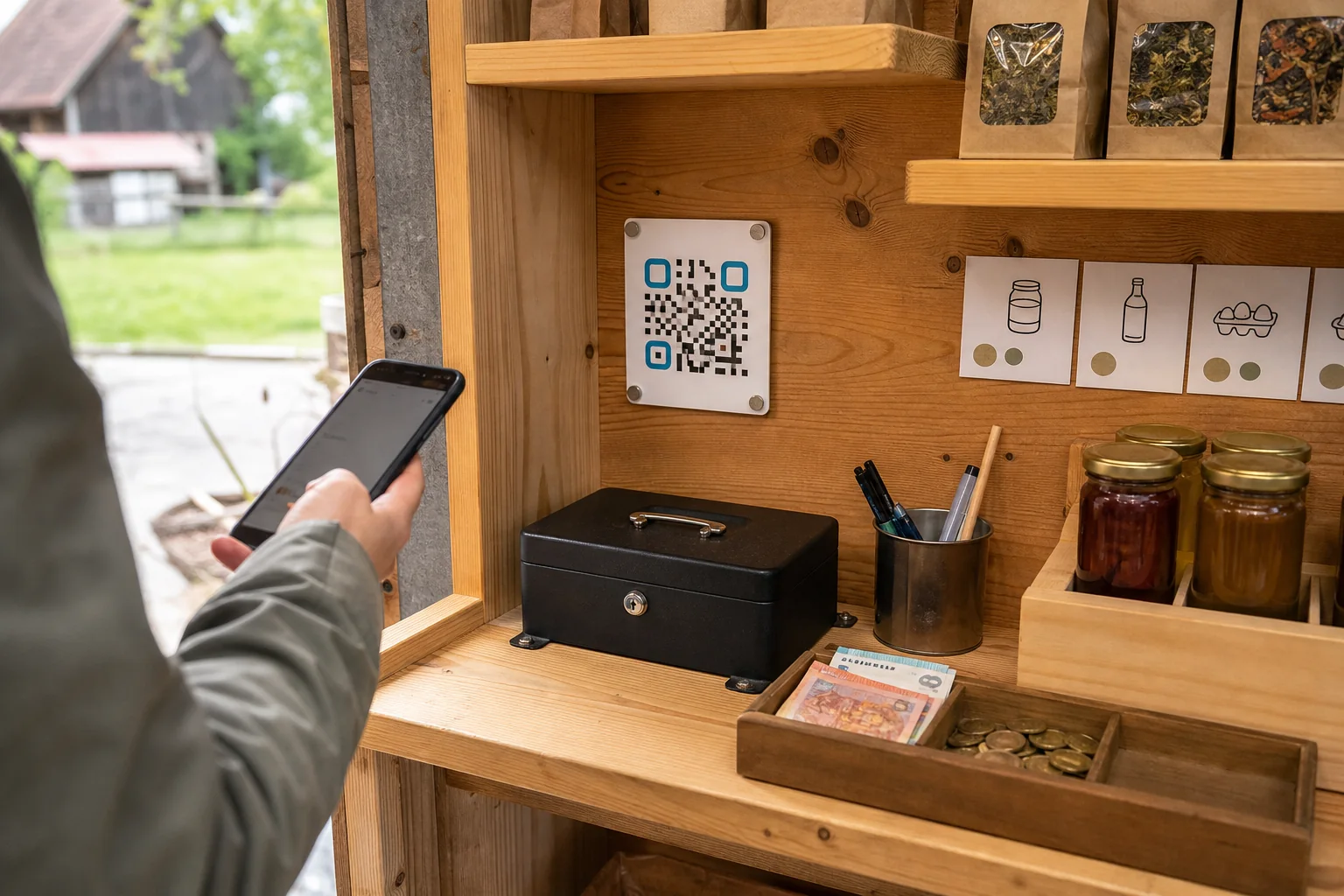 Bargeldkasse und QR-Zahlung in einem selbst gebauten Verkaufsschrank