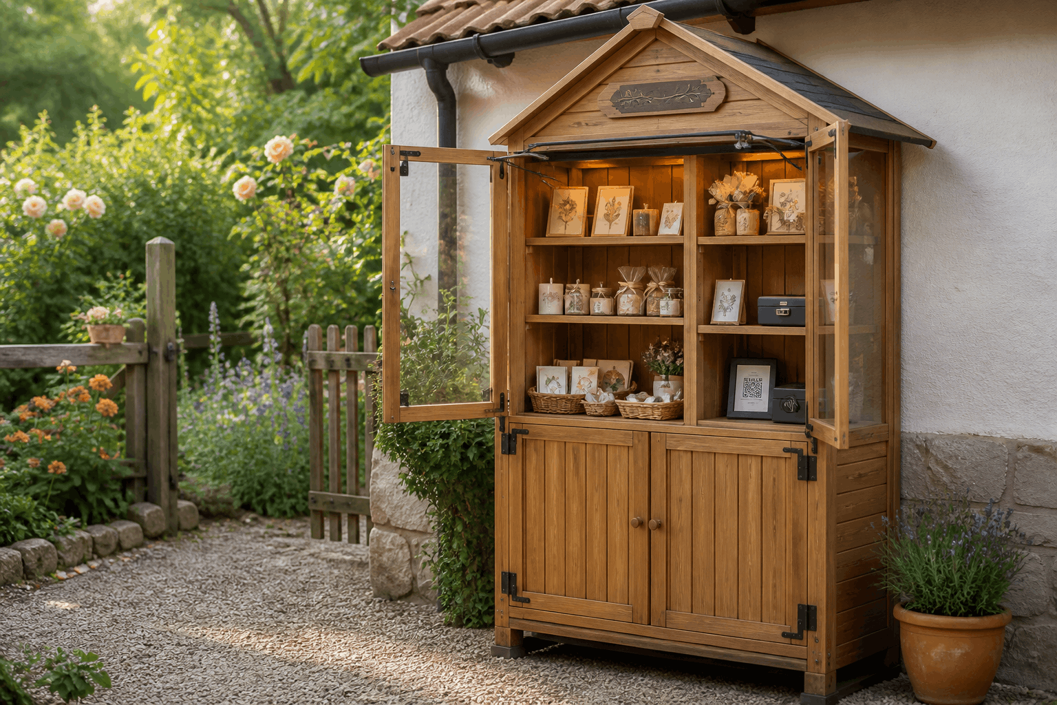 Zum Selbstbedienungslädchen umgebauter Holz-Gartenschrank mit Regalen, Geschenkartikeln und geschützter Bezahlstation