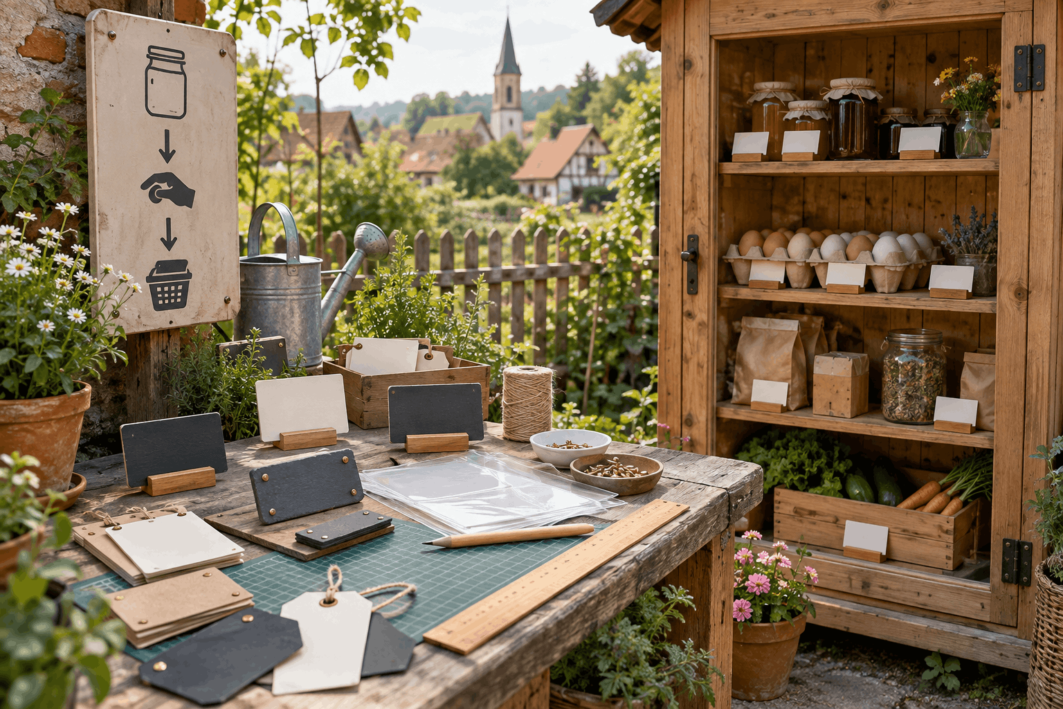 DIY-Arbeitsplatz mit wetterfesten Preisschildern neben einem regionalen Selbstbedienungsschrank