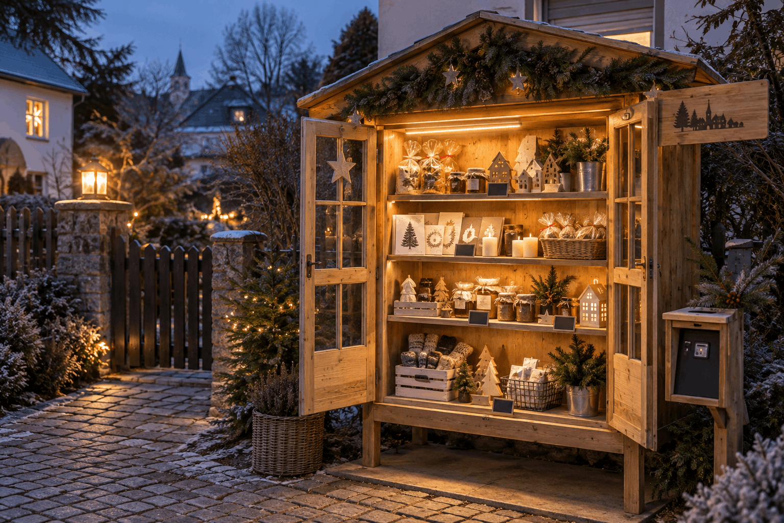 Weihnachtlich und wetterfest gestalteter Selbstbedienungsschrank mit regionalen Geschenkideen