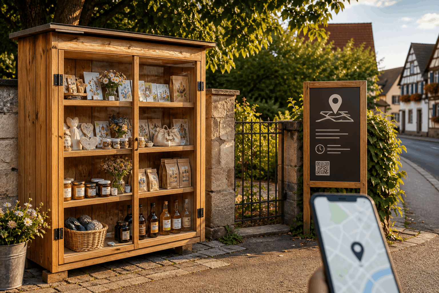 Lokal sichtbarer Selbstbedienungsschrank mit Standorttafel und Kartenansicht auf einem Smartphone