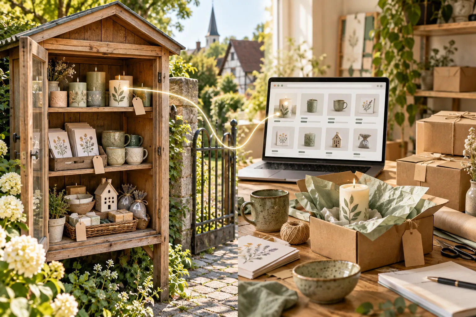 Selbstbedienungshäuschen mit handgemachten Produkten neben einem Arbeitsplatz für den Verkauf auf Online-Marktplätzen