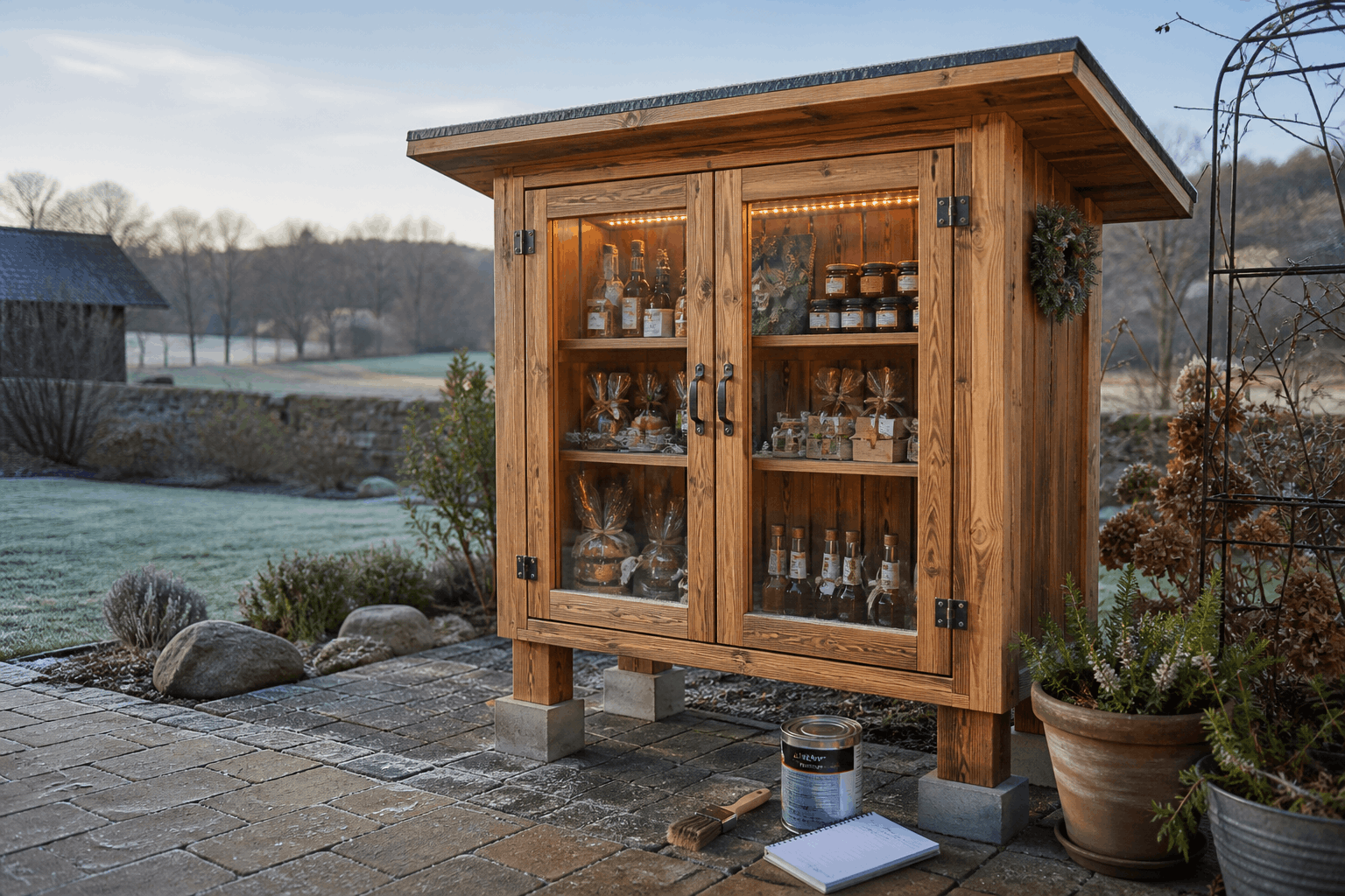 Winterfest vorbereiteter Selbstbedienungsschrank aus Holz auf trockenem Sockel bei leichtem Frost