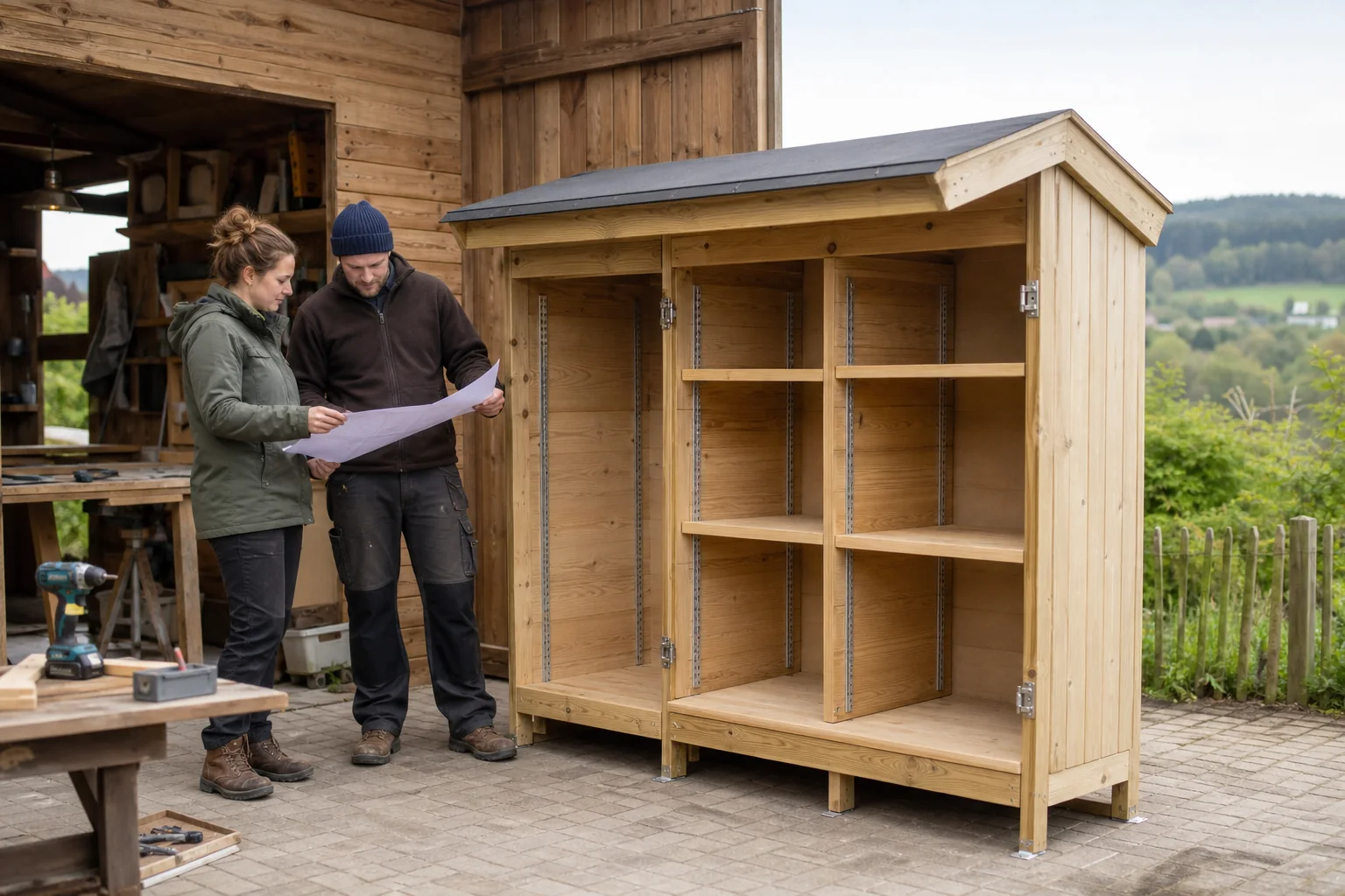 Modularer Selbstbedienungsschrank aus Holz während des Aufbaus