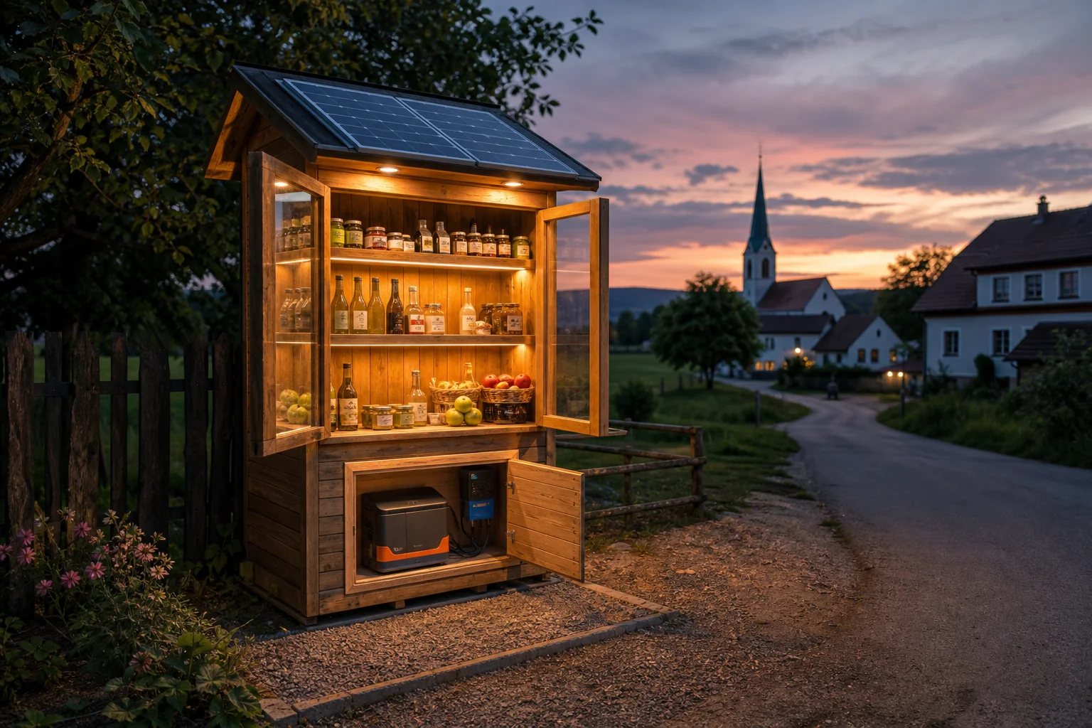 Selbstbedienungsschrank mit Solarmodul und warmer LED-Beleuchtung